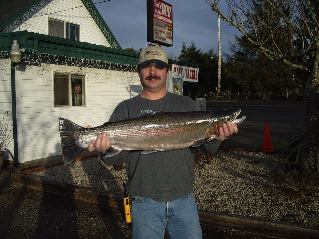 A man holding necanicum river steelhead.