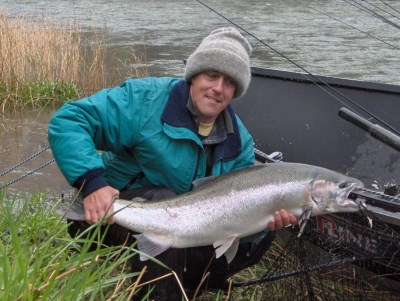 Angler holding a big nestucca river steelhead.