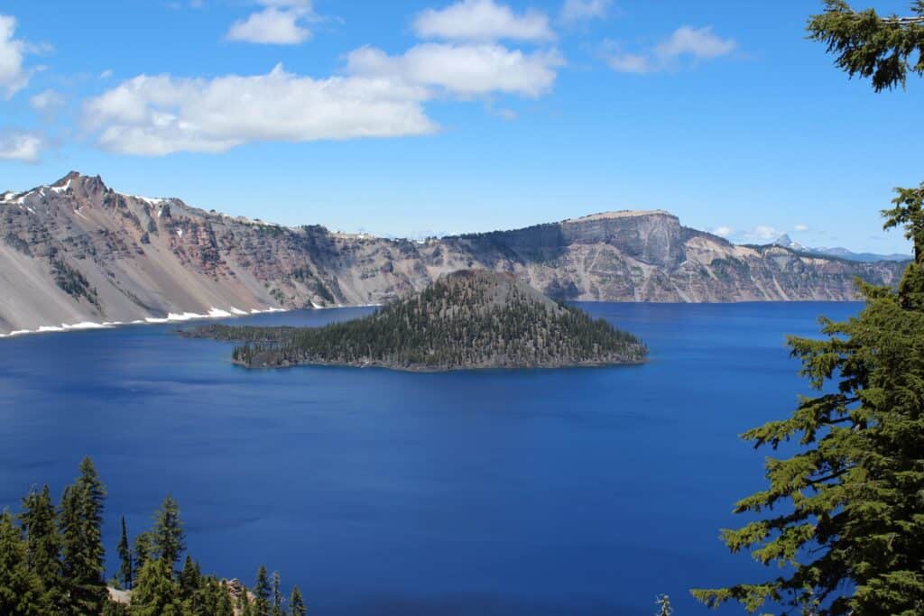 A scenic view of Wizard Island in Crater Lake.