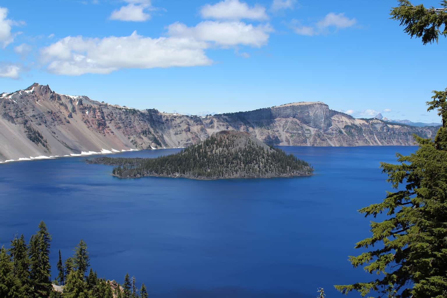 A scenic view of Wizard Island in Crater Lake.