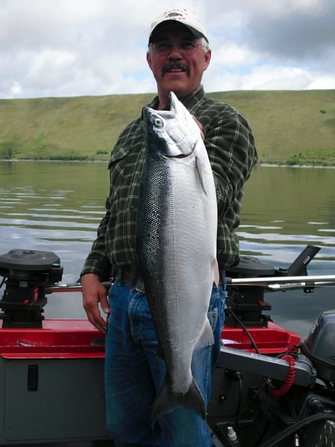 An angler holding a large kokanee caught at wallowa lake.