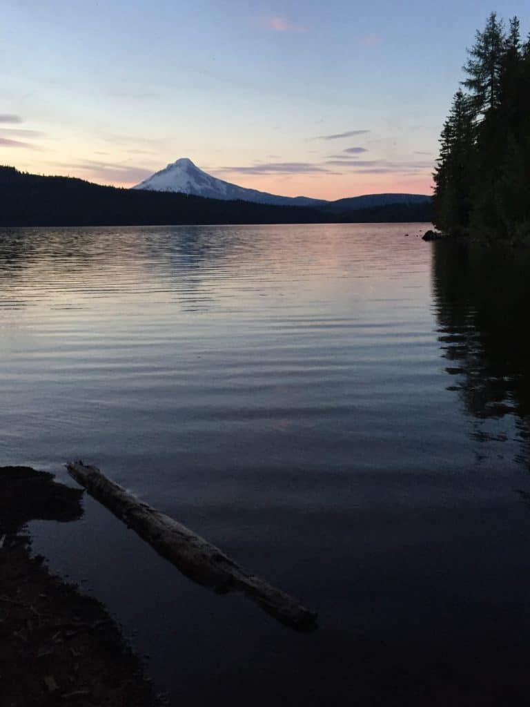 Mount Hood looms over Timothy Lake in the northern Cascade Mountains. 