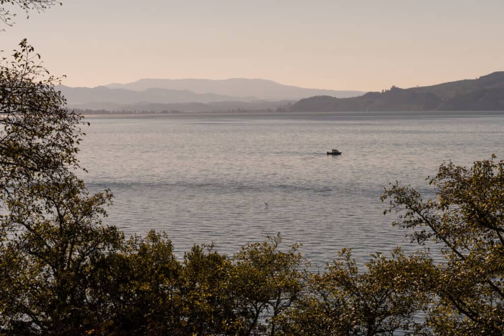 A boat motoring on tillamook bay at sunrise.