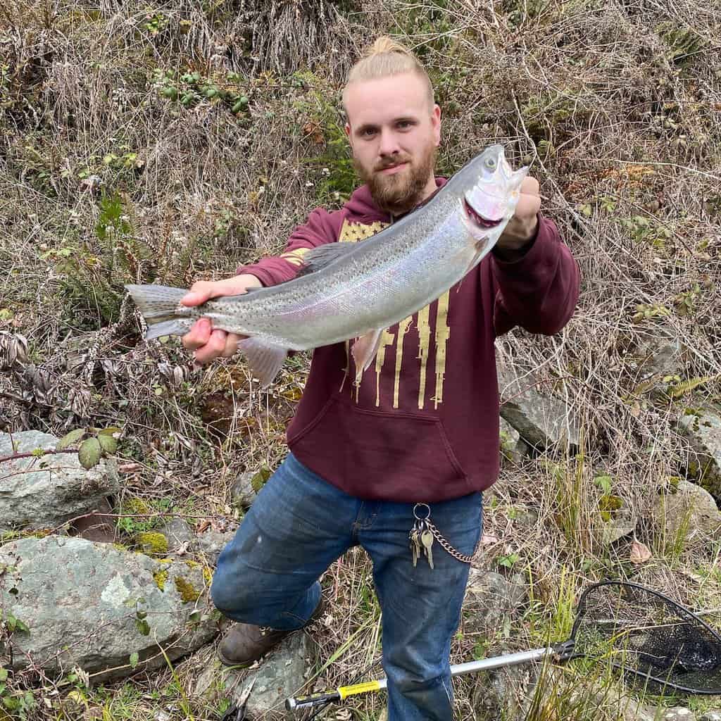 An angler standing on the bank holds a trophy sized rainbow trout caught fishing in Dorena Reservoir in Oregon.