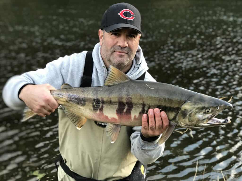 An angler holding a chum salmon caught at kilchis river.