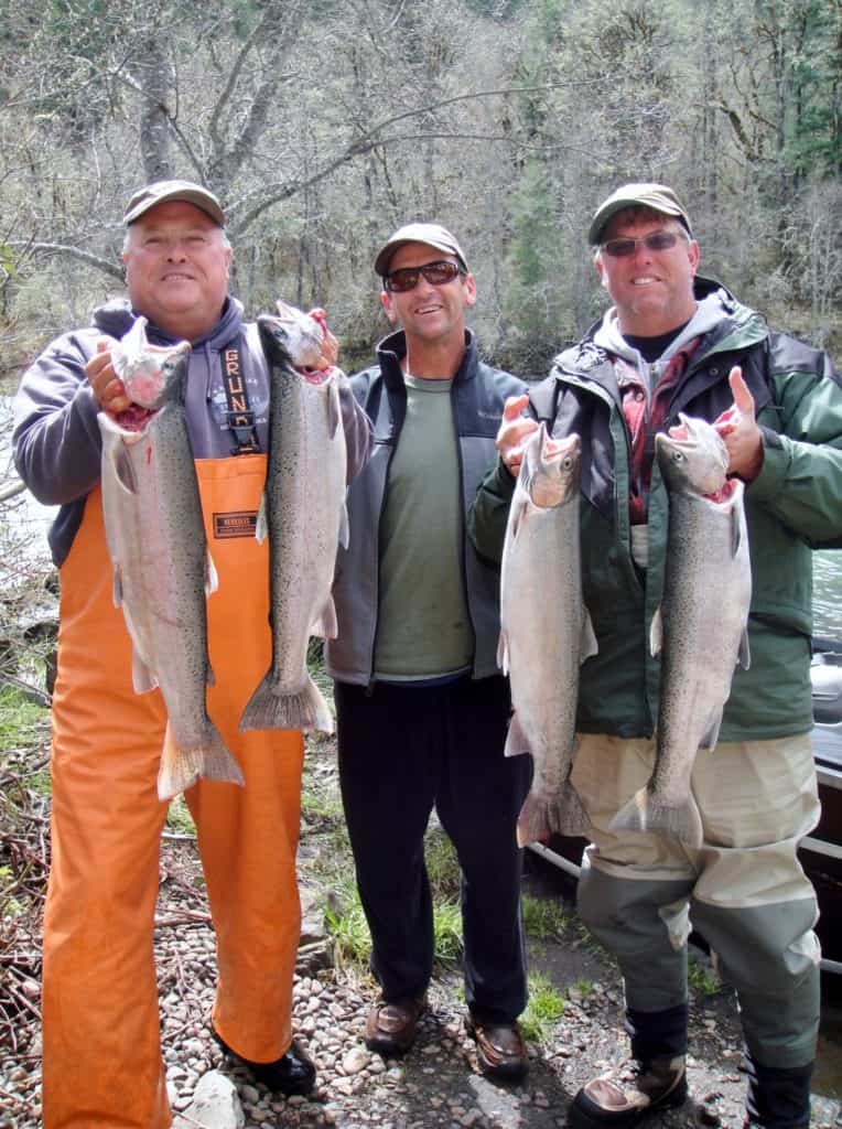 Anglers holding four steelhead caught while fishing on the rogue river.