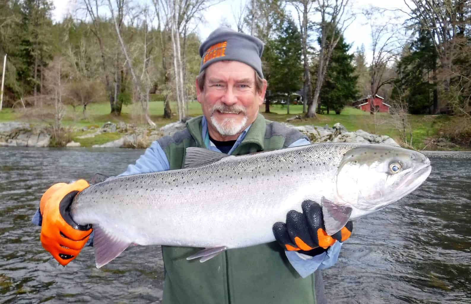 A fisherman holds a big steelhead caught in the Applegate River.