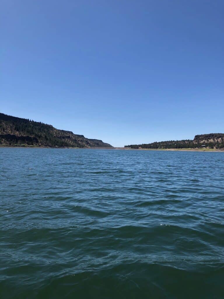 A scenic view of out on the water at Ochoco Reservoir.