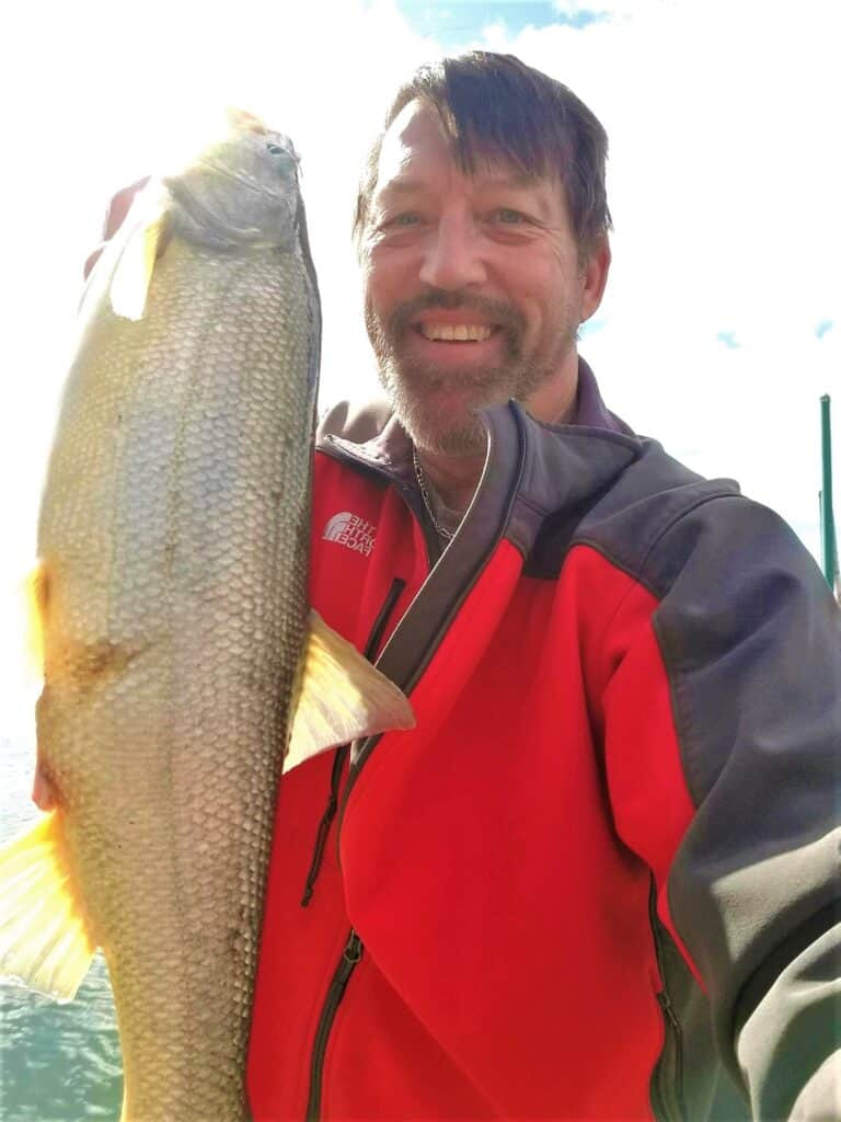 A jumbo sized northern pikeminnow held by an angler.