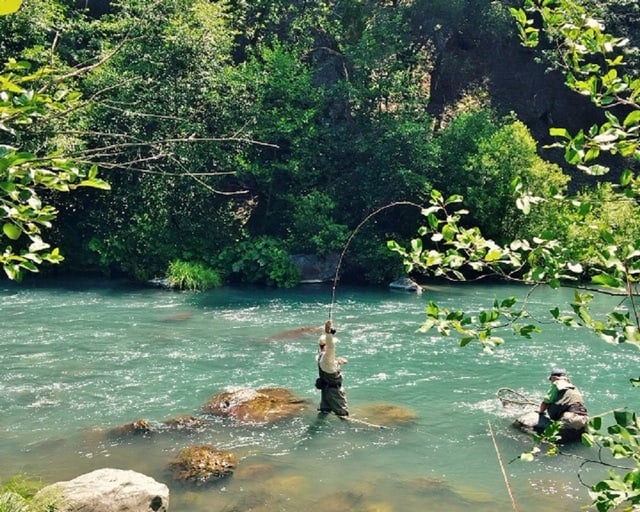 An angler fly fishing on the emerald green mccloud river in california.