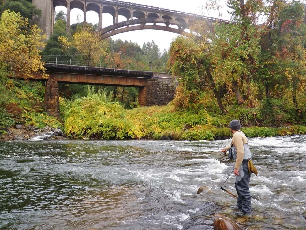 The upper Sacramento River flows under a scenic bridge with a fly angler casting into the river.