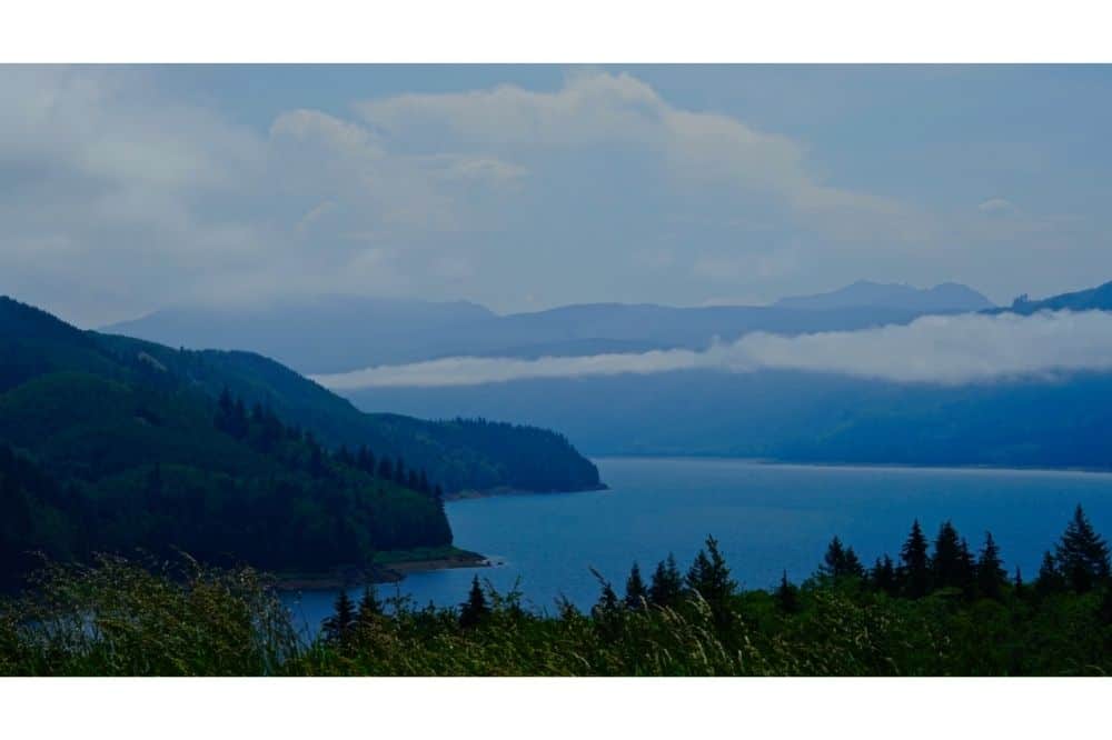 A scenic view of Riffe Lake, a large Washington reservoir known most for fishing for landlocked coho salmon and smallmouth bass.