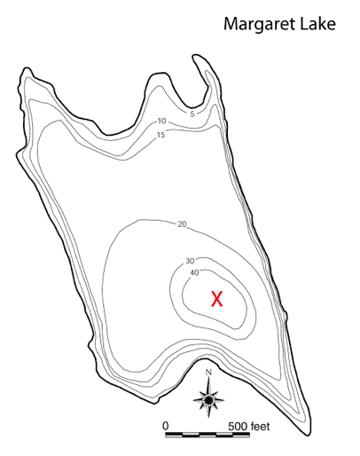 This bathymetric map shows the depth at different parts of Lake Margaret.