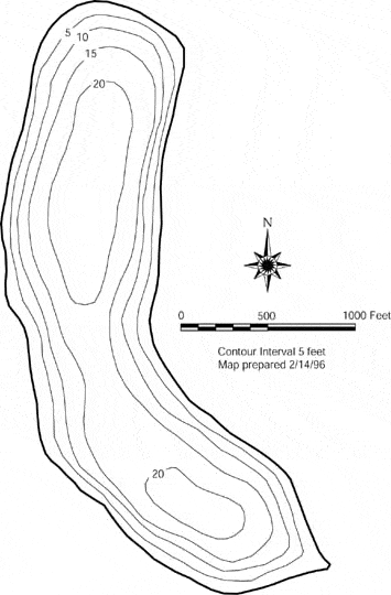 This bathymetric map from King County shows the approximate depths of areas in the lake. The deepest areas are 20 feet or a bit more.