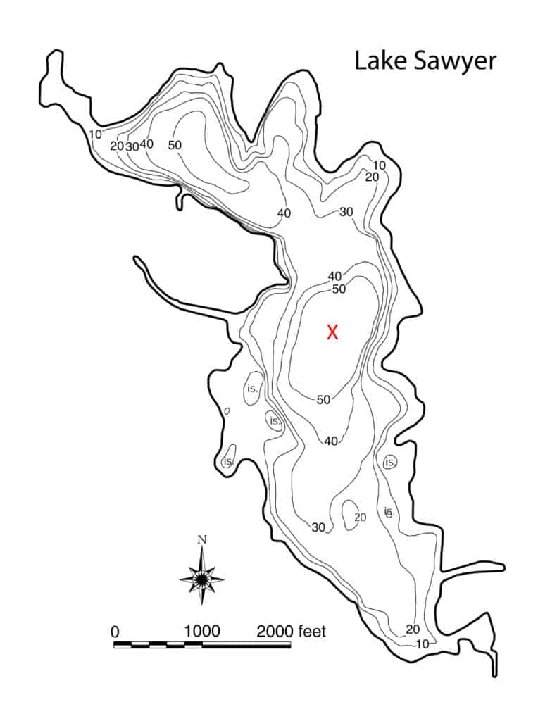 Lake Sawyer bathymetric map shows depths that can help anglers find deeper or shallower water depending on what type of fishing they are doing