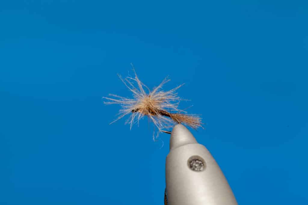 A tied fly on a tying clamp.