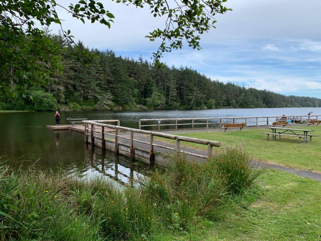 Docks and platforms at Coffenbury Lake in Fort Stevens State Park on the northern Oregon Coast.