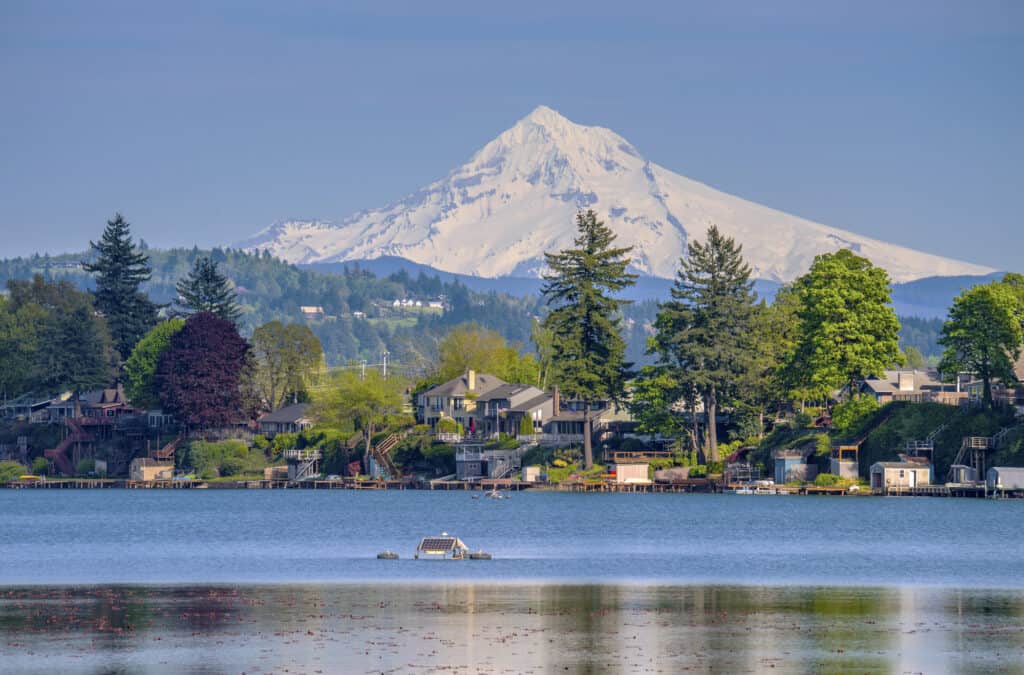 A scenic view of Blue Lake in Fairview east of Portland, with Mount Hood rising in the background.