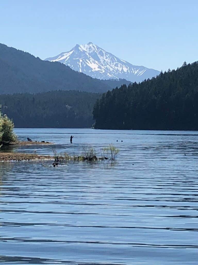 A scenic view of Detroit Lake with people on shore in the near distance and Mount Jefferson in the far distance.