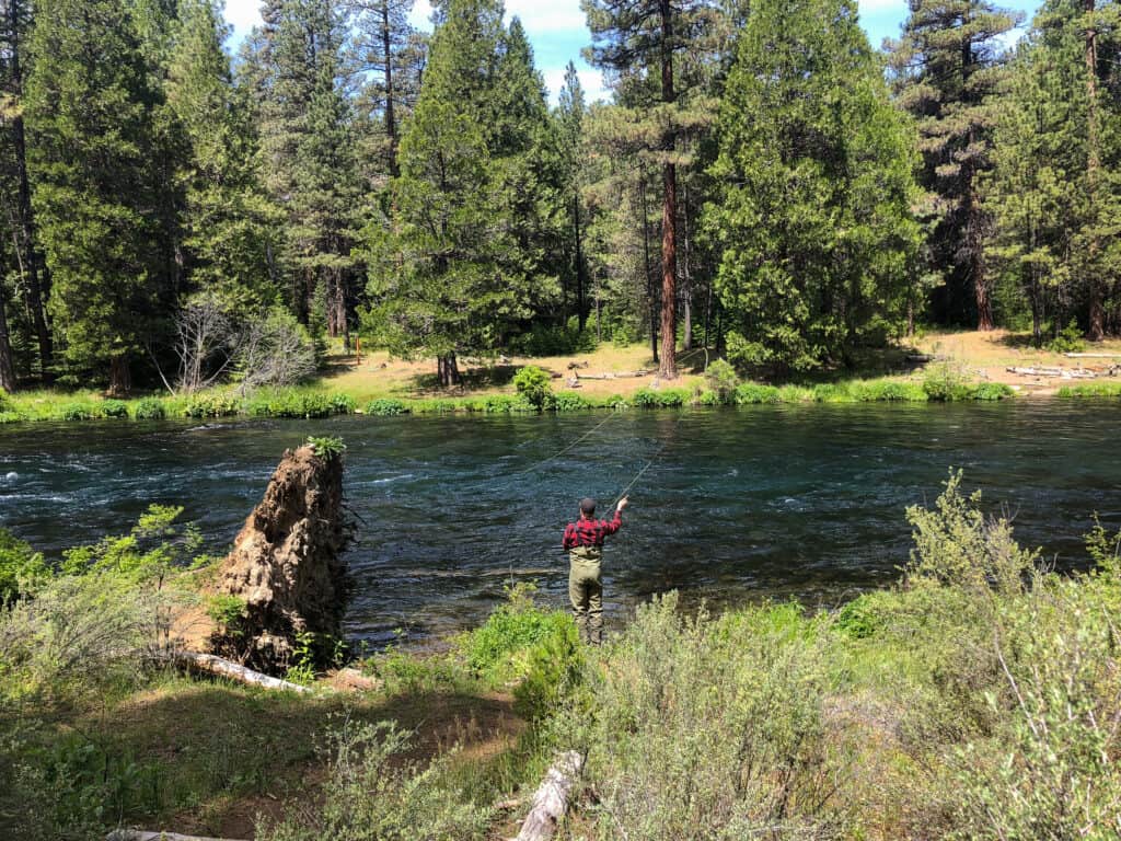 Angler fly fishing in the Metolius River, Oregon.