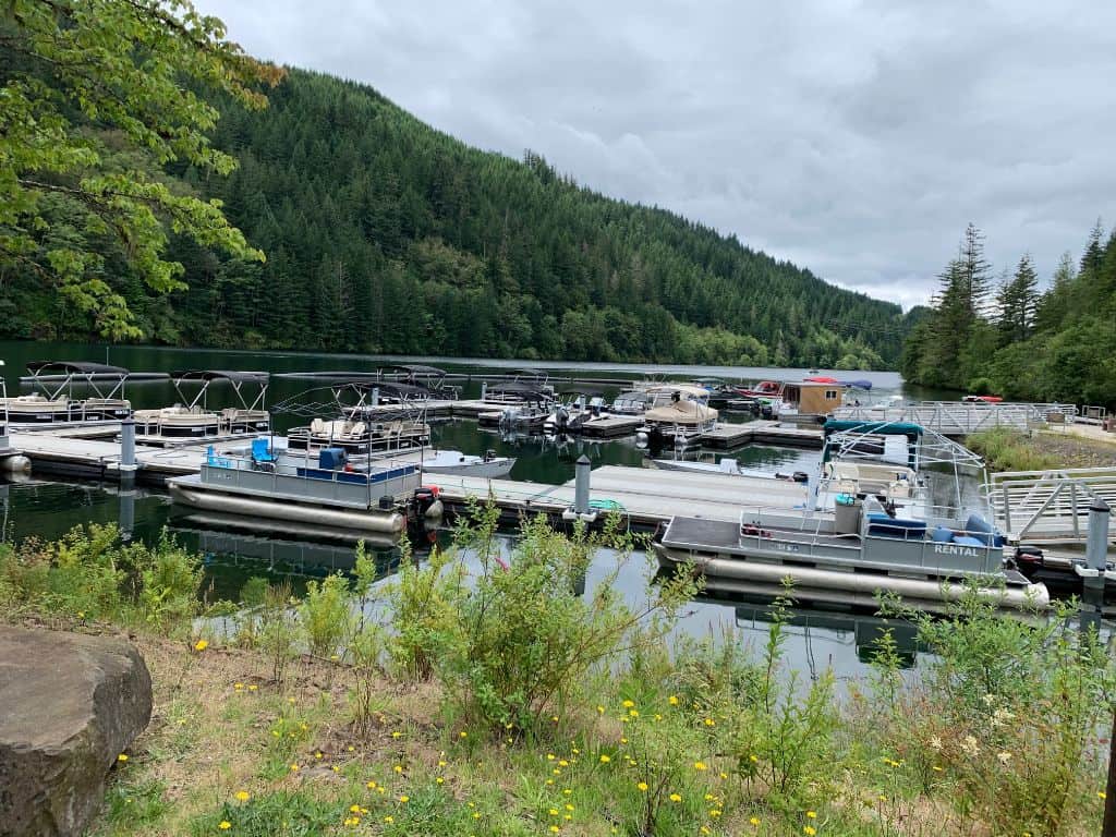 A view of the marina at PGE's Promontory Park at North Fork Reservoir with boats for rent.