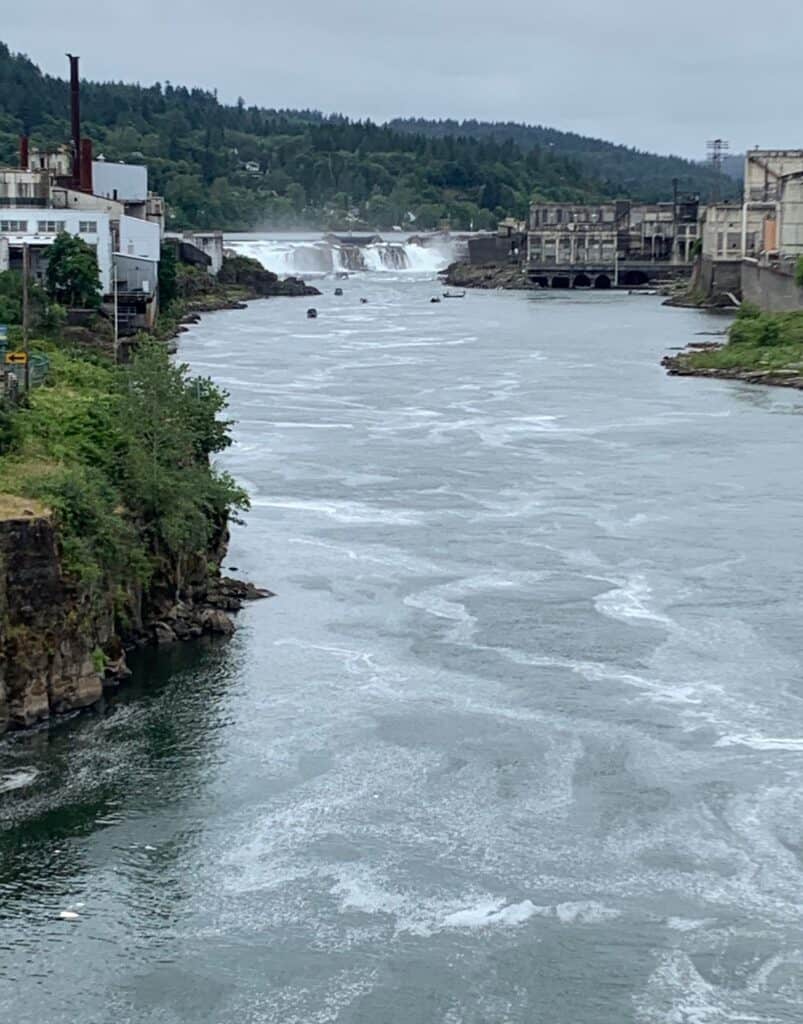 Boats fish for spring Chinook salmon below Willamette Falls on the Willamette River near Oregon City.