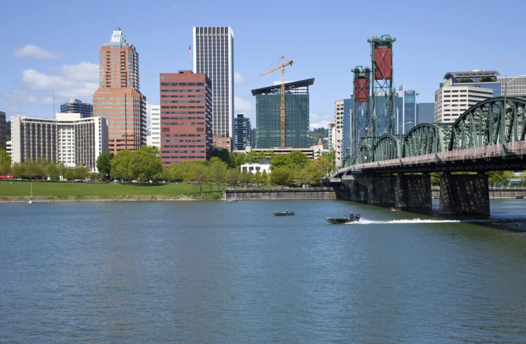 Fishing boats in willamette river in downtown portland.