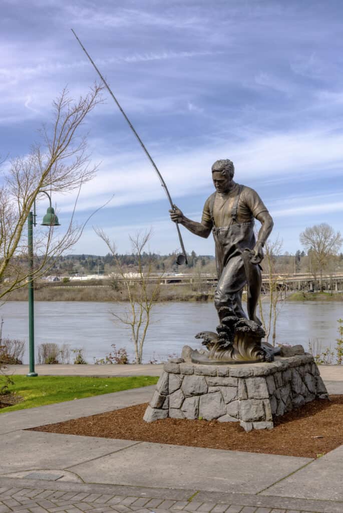 A statue of a fisherman near the Willamette River in Salem, Oregon.