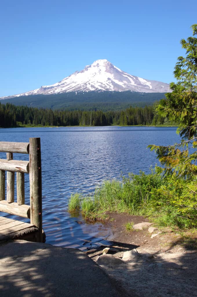 Mount Hood looms above the fishing dock at Trillium Lake.