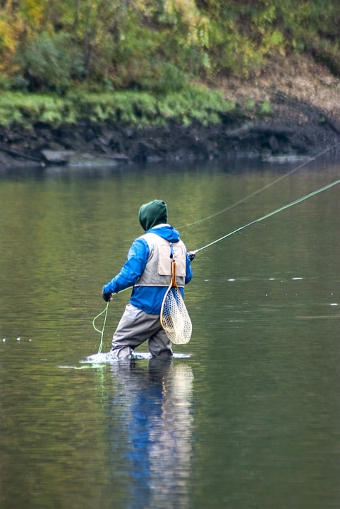 Angler fly casting in a river.