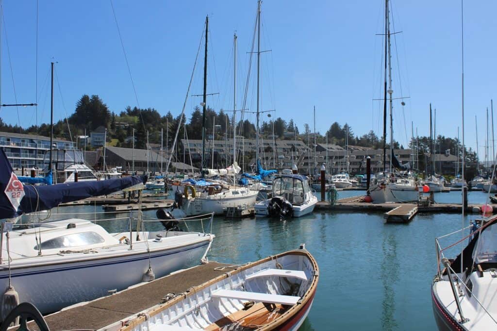 A view of fishing boats in yaquina bay at newport oregon.