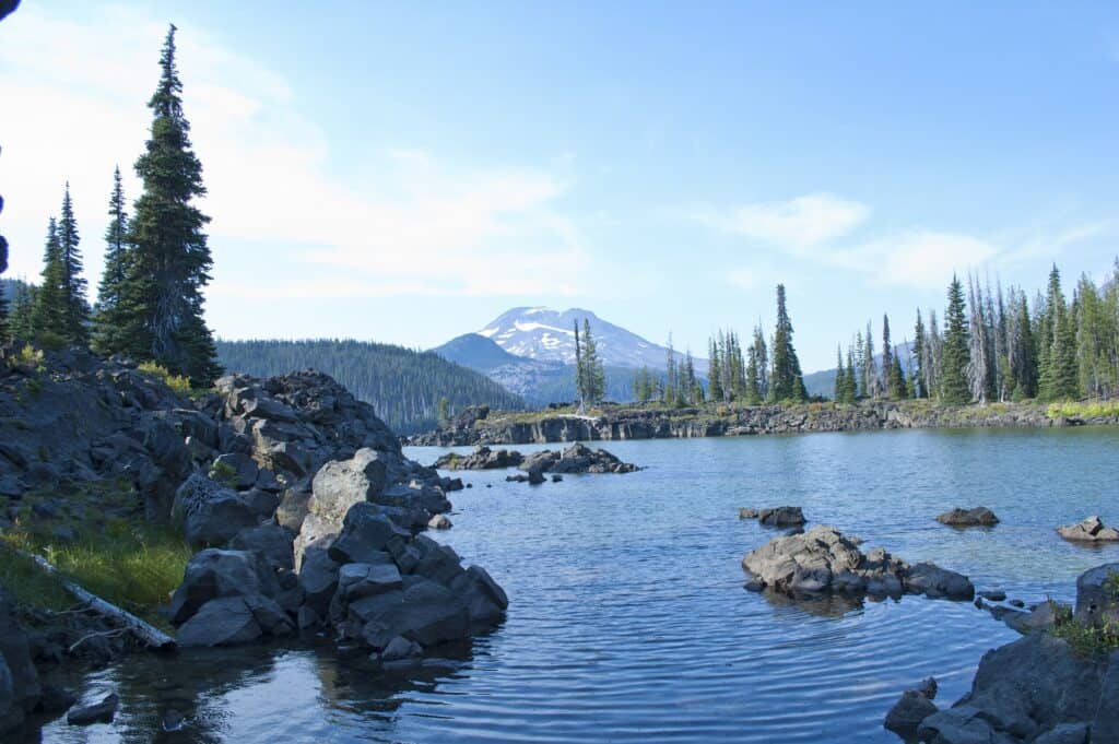 Sparks lake with a towering mountain in the background.