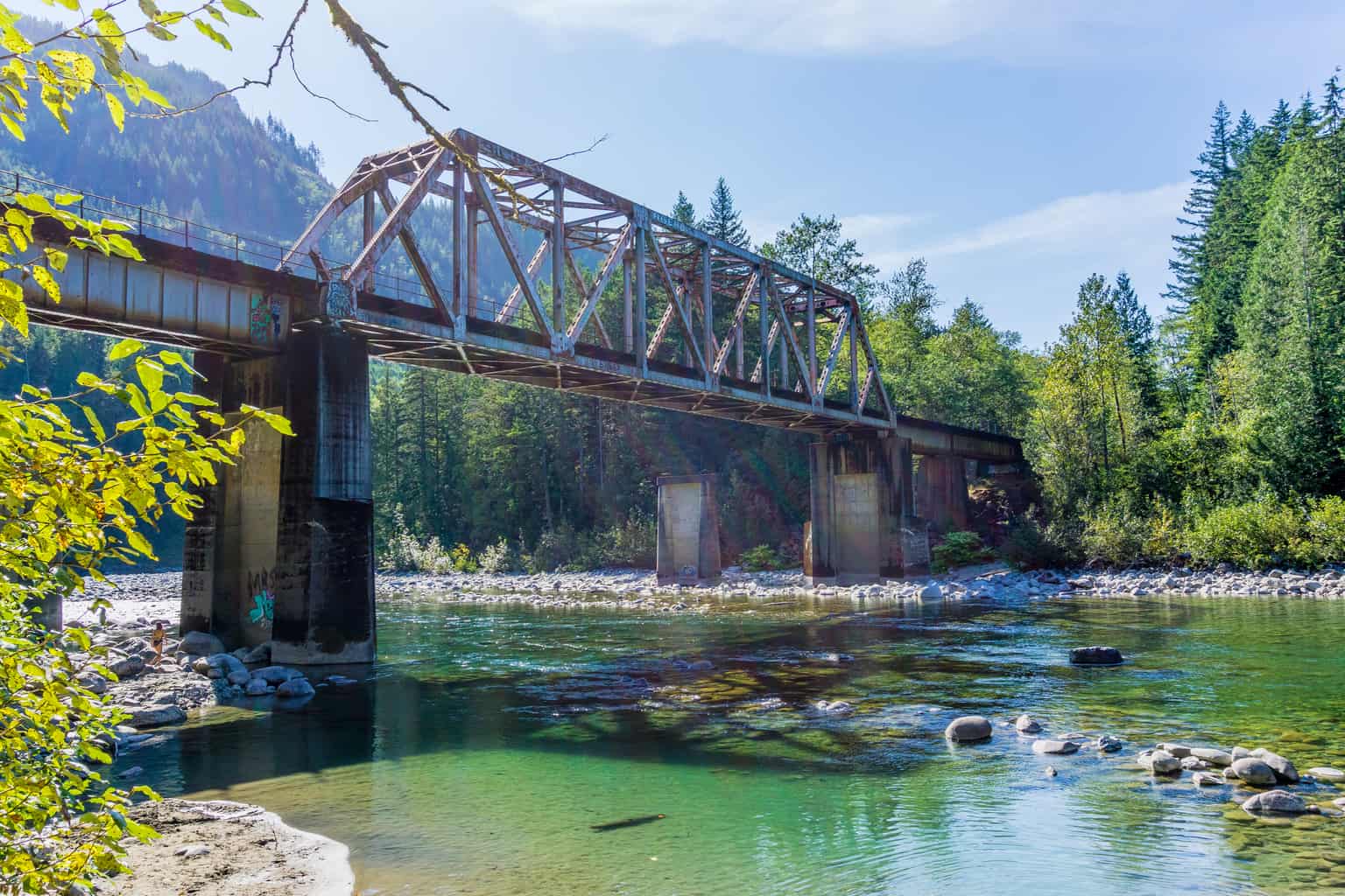 A view of a railroad bridge crossing skykomish river.