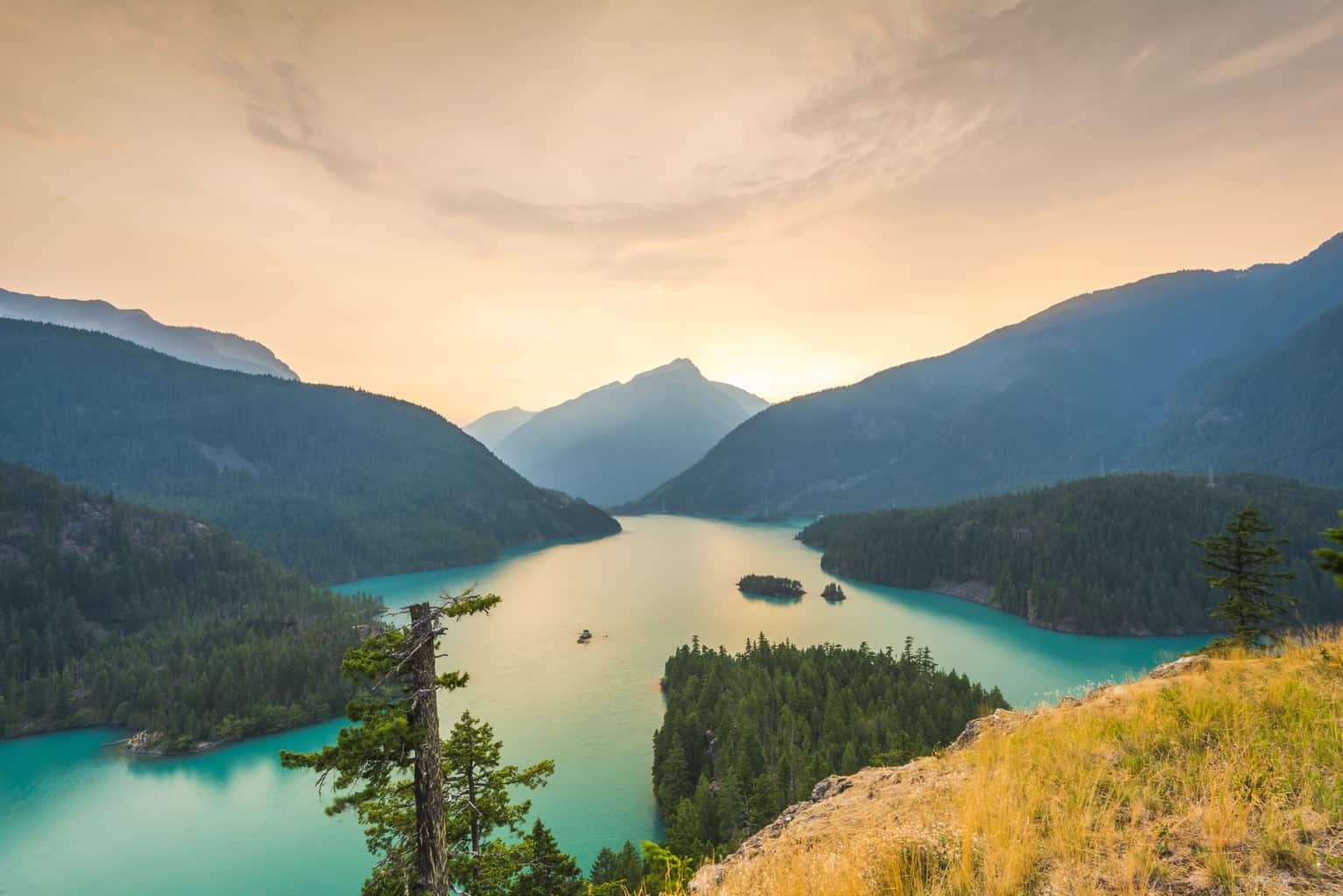 A scenic sunset view of lake diablo.