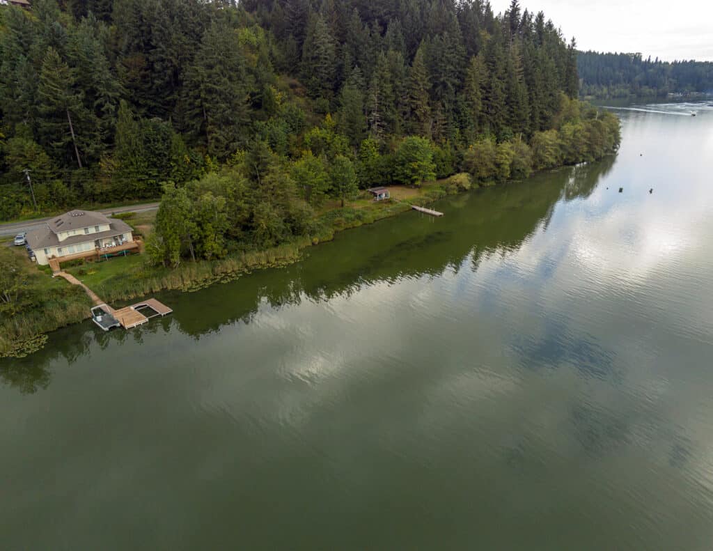 An aerial view of ohop lake.