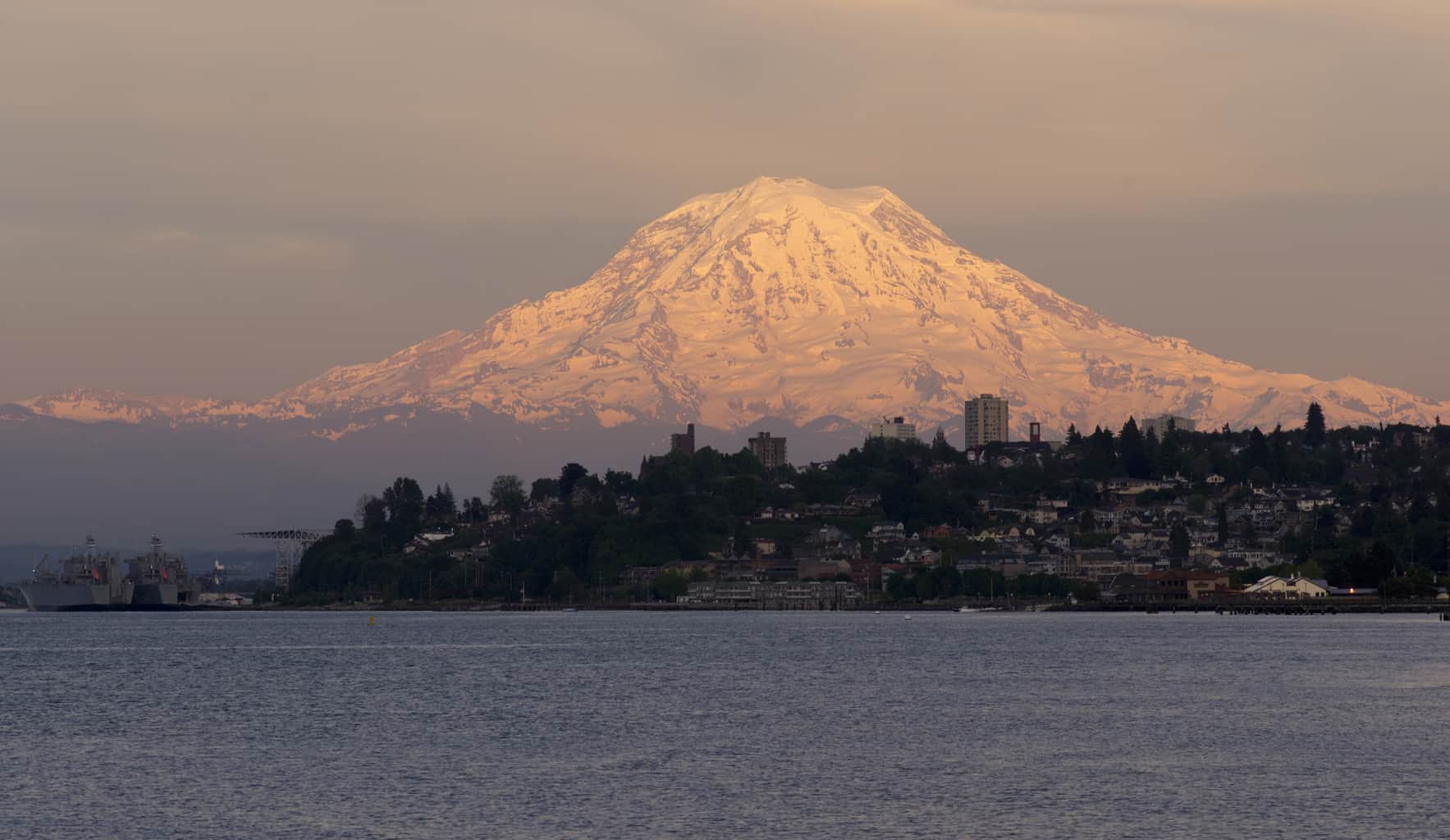 Mount Rainier rises over the Puget Sound in Tacoma