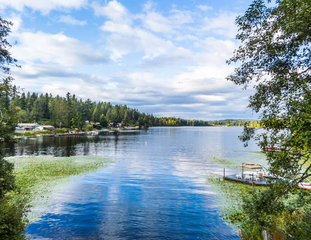 A view of homes and docked boat at Tanwax Lake.