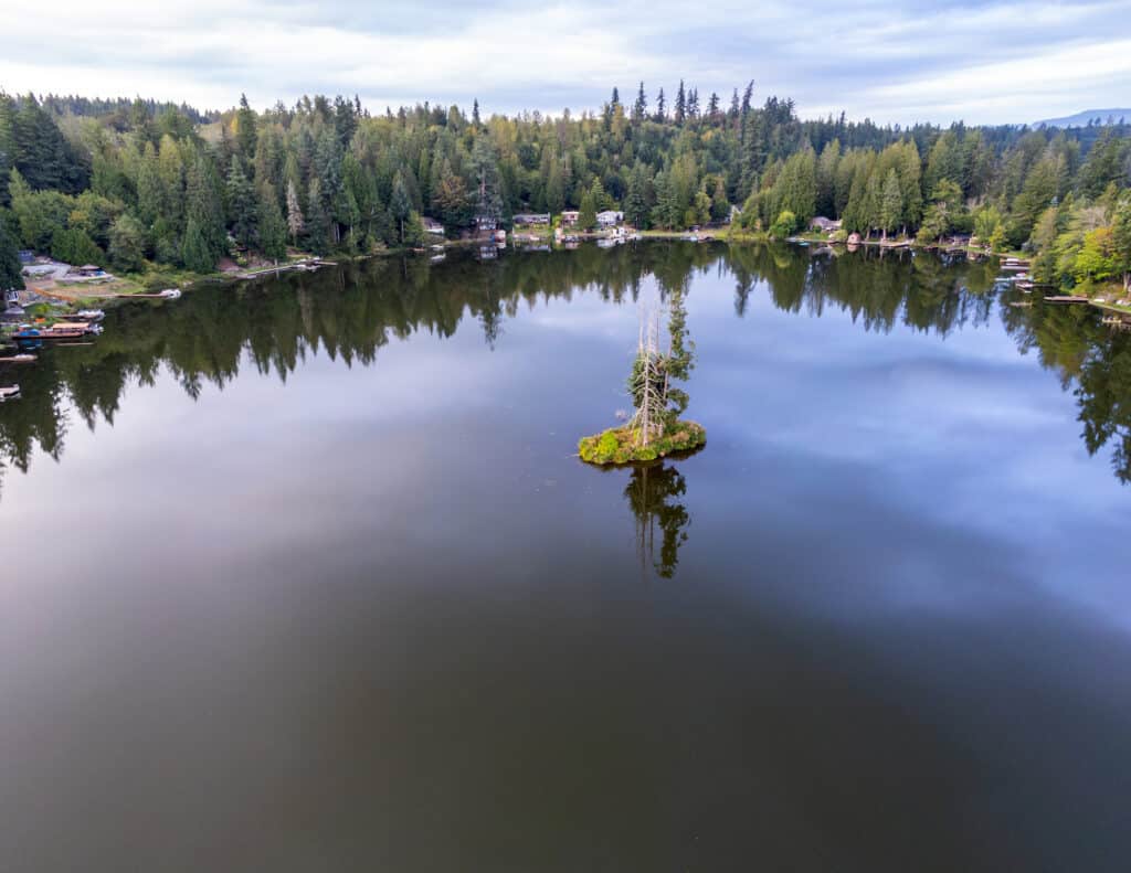 An aerial view of Whitman Lake with small island in middle.