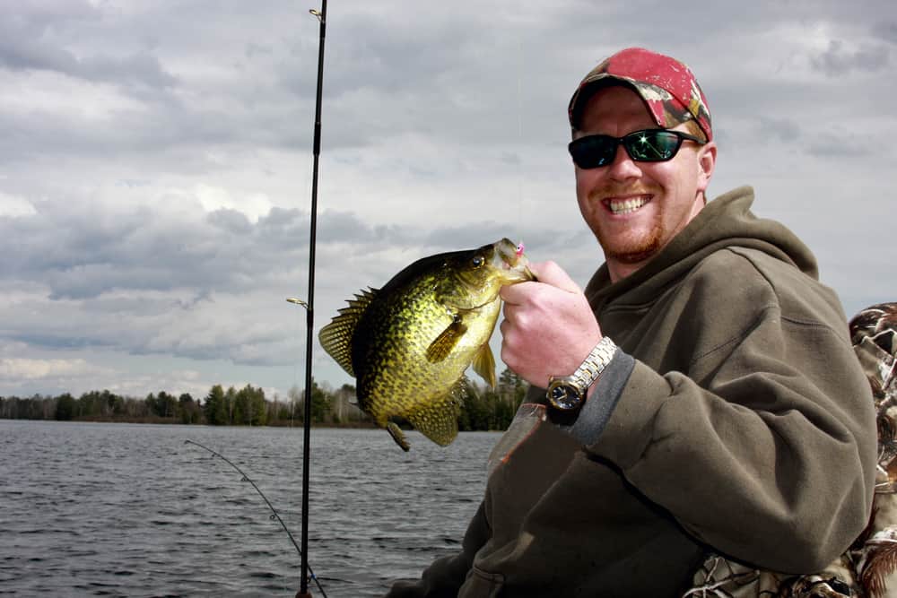 An angler showcasing a crappie caught on a jig.