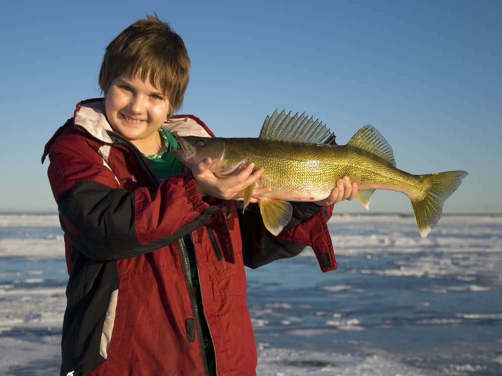 A boy holding walleye in front of frozen lake.