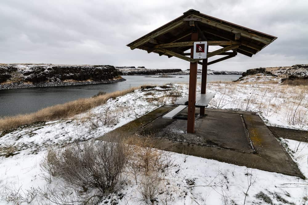 Upper Soda Lake with a dusting of snow in the early season.