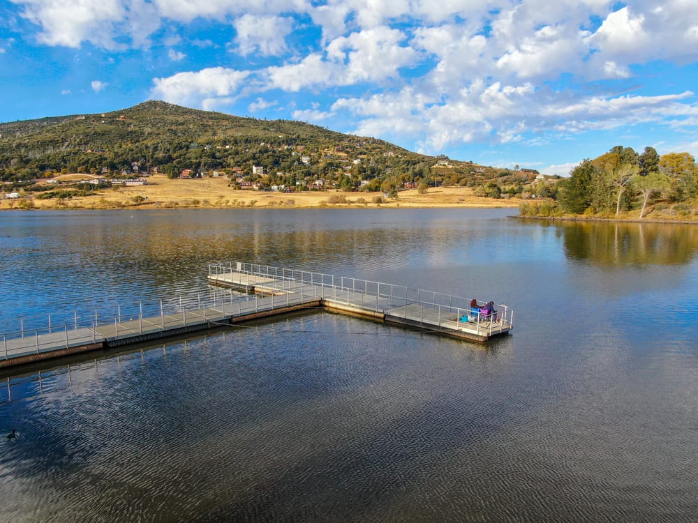 Aerial view of fishing pier at Lake Cuyamaca, known for bass fishing in eastern San Diego County, California.