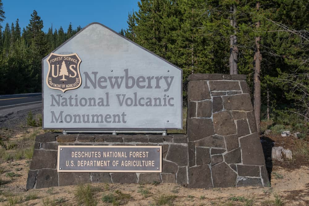 A sign for the newberry national volcanic monument, paulina lake.