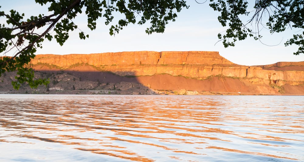 Golden light on Steamboat Rock at Banks Lake, one of Washington's best fishing lakes.