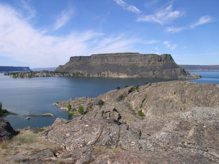 Steamboat Rock rises from Banks Lake, one of Washington's premiere fishing lakes