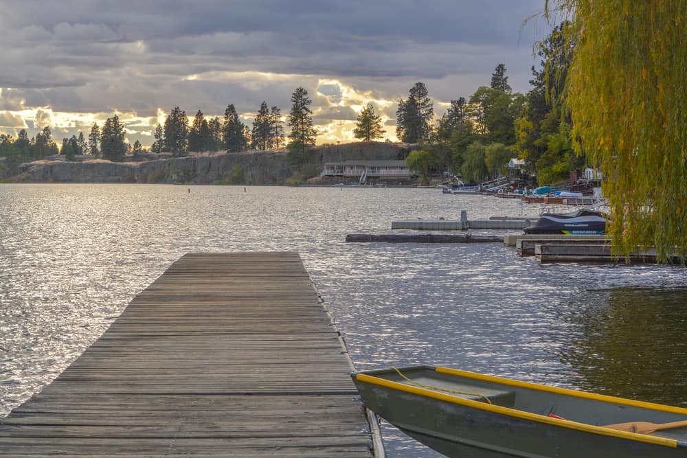 View of fishing docks at Williams Lake in Spokane County, Washington