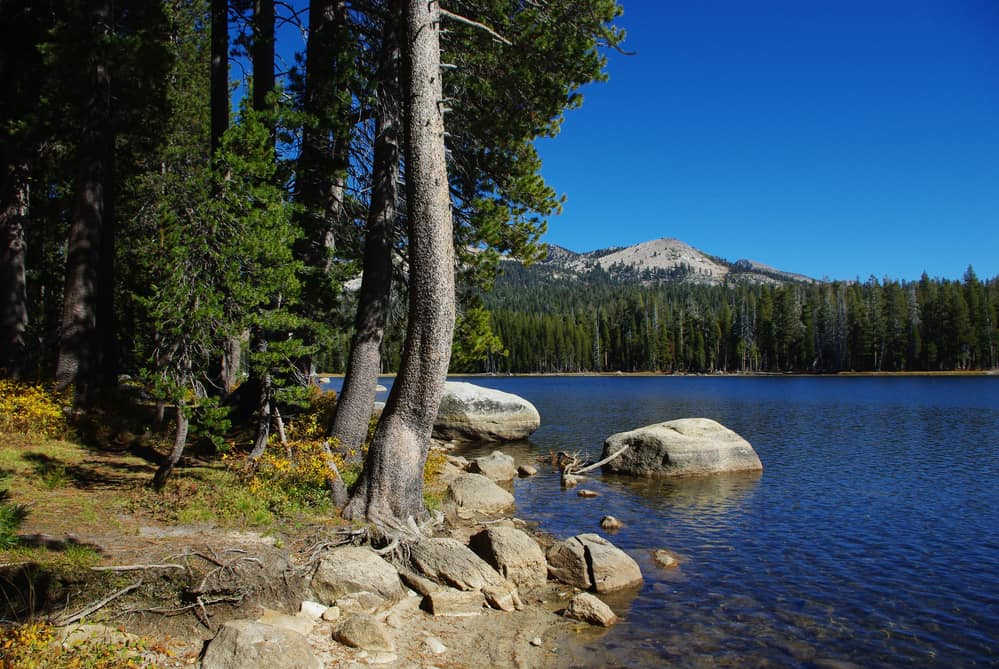 Scenic photographic of Ice House Reservoir with tree-lined and rocky shore.