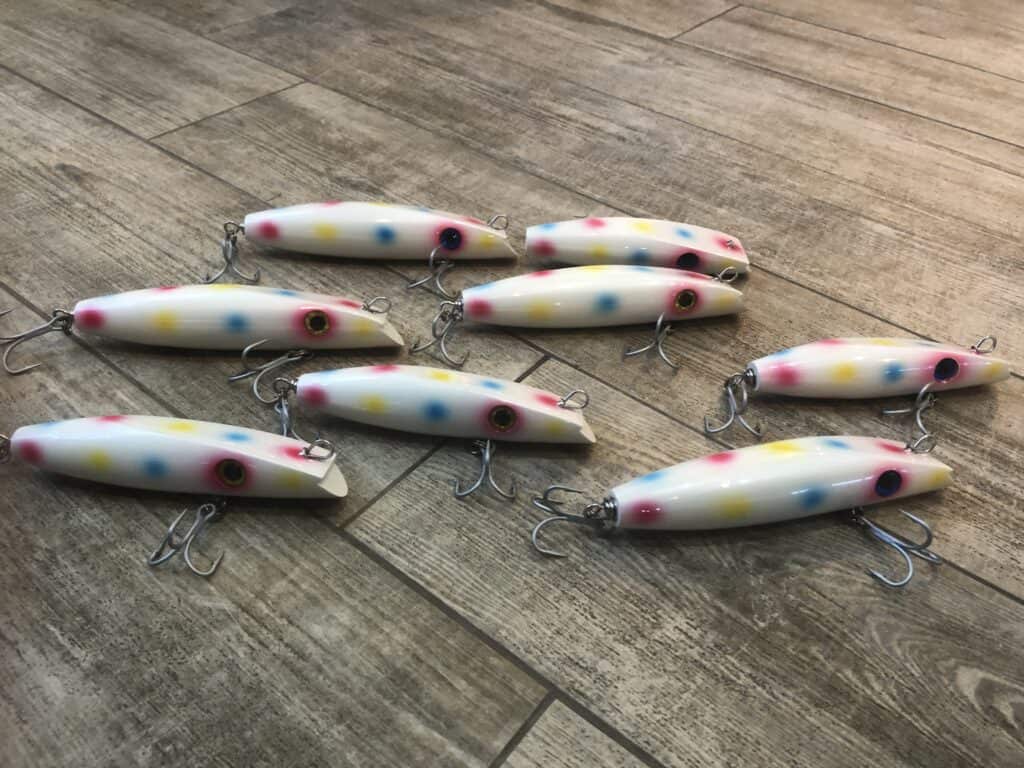 Darter style lures made by Tattoo's Tackle with a Wonder Bread color pattern.