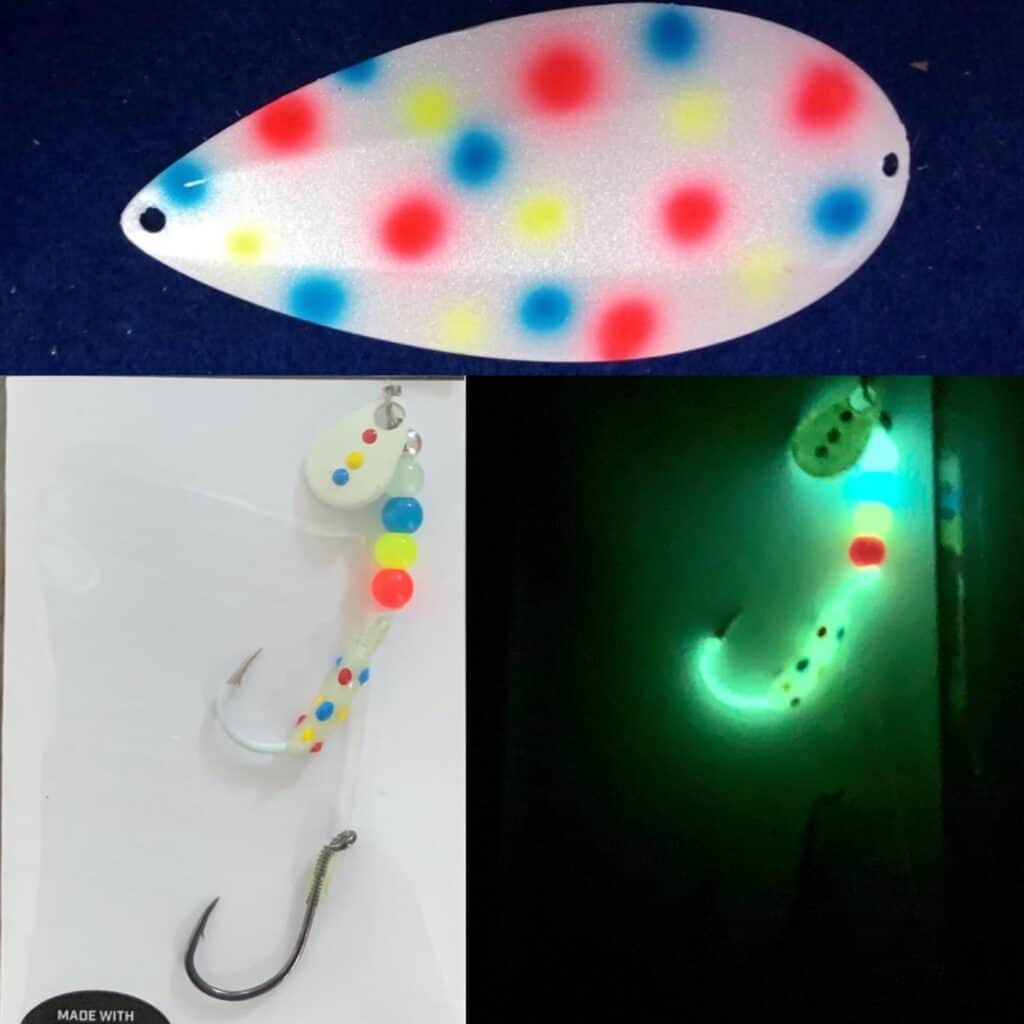 Photo collage of the Kokanee Kid Mysis Bug in regular light and glowing, plus an image of the Arrow Flash dodger, all using the Wonder Bread color pattern.