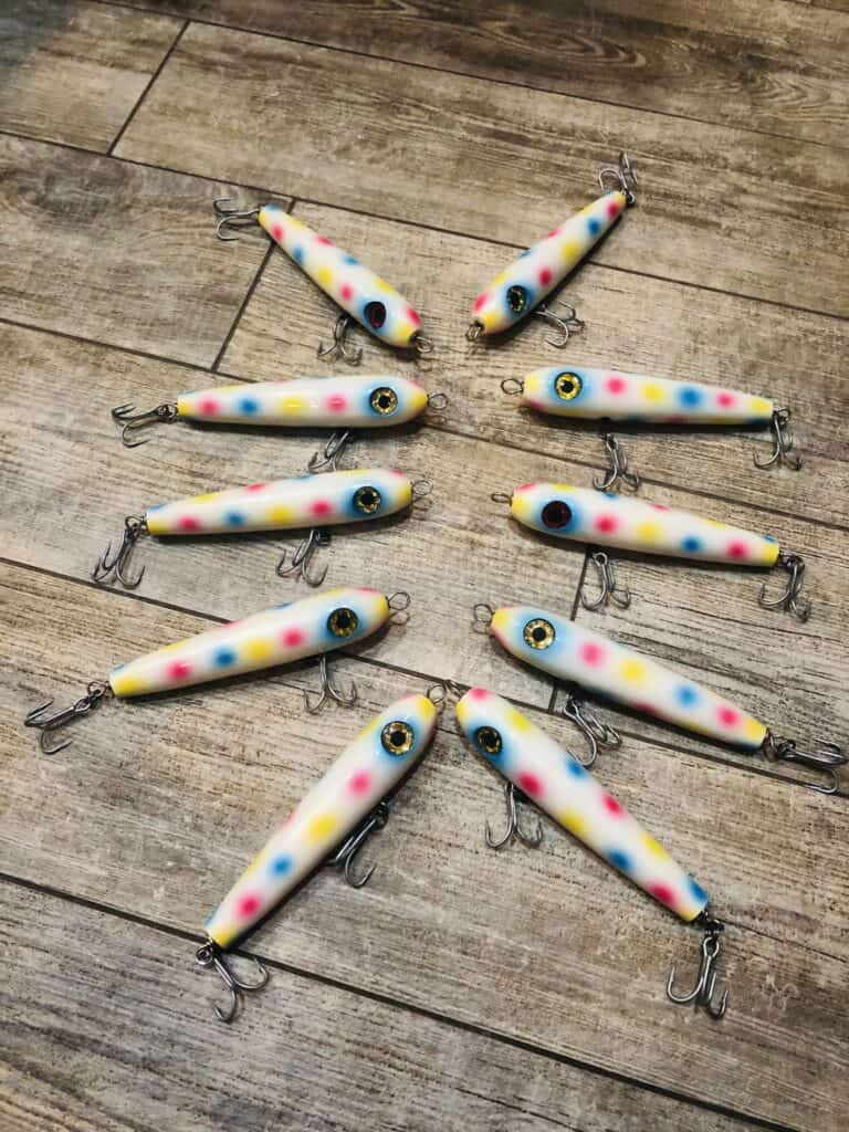 Spook lures made for striped bass fishing by Tattoo's Tackle with a spotted Wonder Bread design.